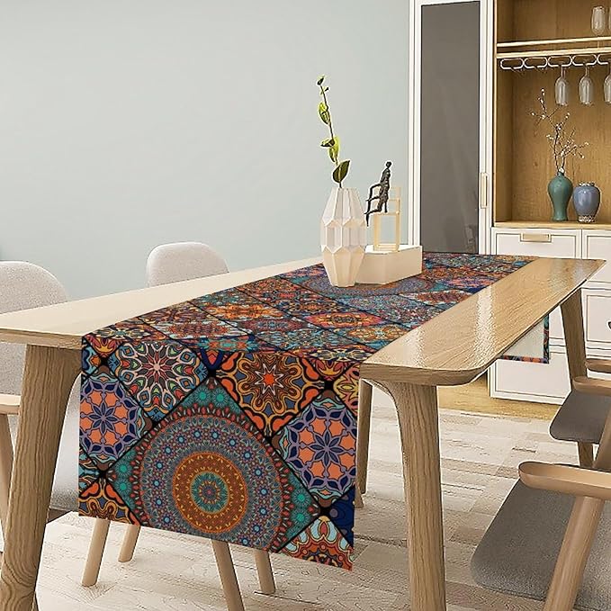 Bohemian Table Runner, Colorful Vintage Indian Mandala Floral Table Runners for Kitchen Dining Coffee Table Indoor Outdoor Party Decor, 13x90inch