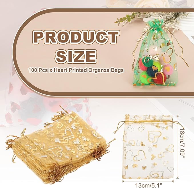 PATIKIL 100 Pcs 5x7 Inch Heart Printed Organza Bags, Gold Sheer Heart Organza Bags with Drawstring for Christmas Candy Jewelry Party Wedding Favor Gift