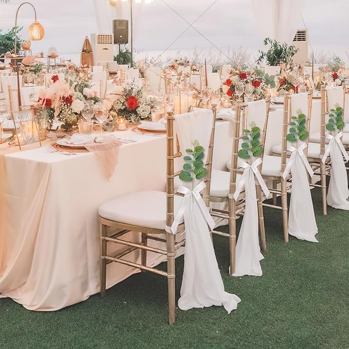 26 Sets of Wedding Aisle Decorations, White Tulle Chair Sashes with Bow Ribbons and Artificial Eucalyptus Stems for Church Pews, Wedding Ceremony Chair Decor