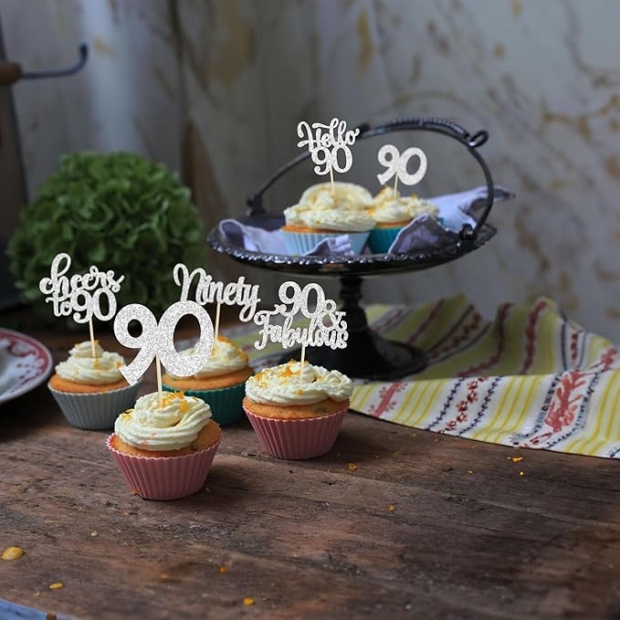 30pcs Happy 90th Birthday Cupcake Toppers - Silver Glitter Ninety Cheers to 90 Years Old Cupcake Picks for Anniversary Party Cake Decorations
