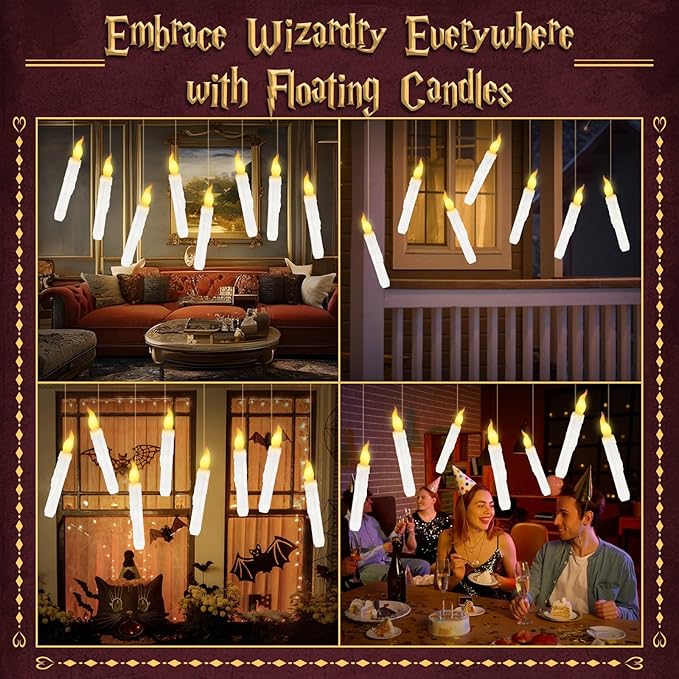 Halloween Decorations, Floating Candles with Wand, 12 PCS Magic Hanging Candles, Flickering Flameless Floating LED Candle, Witch Wizard Christmas Decor for Home Classroom Bedroom Church Birthday Party