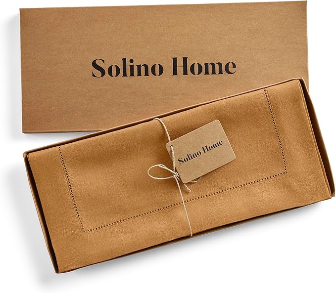 Solino Home Linen Table Runner 36 Inches - 100% Pure Linen Brown Sugar Hemstitch Table Runner 14 x 36 Inch Ideal for Dresser and Coffee Tables - Fall, Autumn, Thanksgiving - Classic Hemstitch