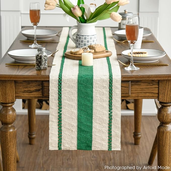 Artoid Mode Dark Green Farmhouse Woven Rustic Table Runner, Seasonal Holiday Hollow Kitchen Dining Table Decoration for Home Party Decor 12x90 Inch