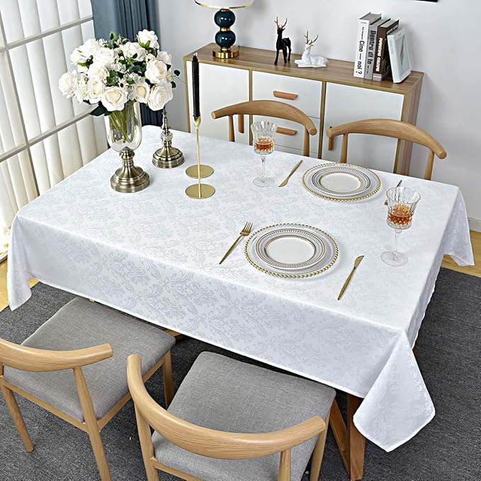 SASTYBALE Square Tablecloth - 52 Inch White Damask Table Cloth Jacquard Design Spill Proof Wrinkle Resistant Waterproof Soft Polyester Table Cover for Kitchen Parties Tabletop