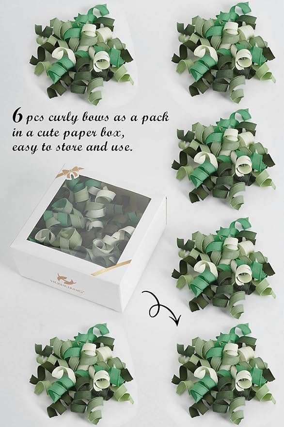 HUIHUANG Green Curly Gift Bows Self Adhesive Sage Green Burst Gift Bow for Gift Wrapping, Birthday, Wedding Baby Shower Party Favors, Wine Bottle, Treat Bags- 6 Counts