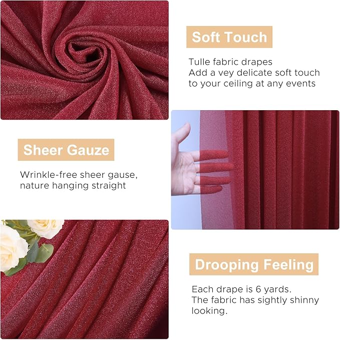 Wokceer Wedding Arch Draping 2 Panels 28.7" x 20FT Burgundy Sheer Fabric Backdrop for Ceremony, Birthday Party, Bridal Shower Decoration