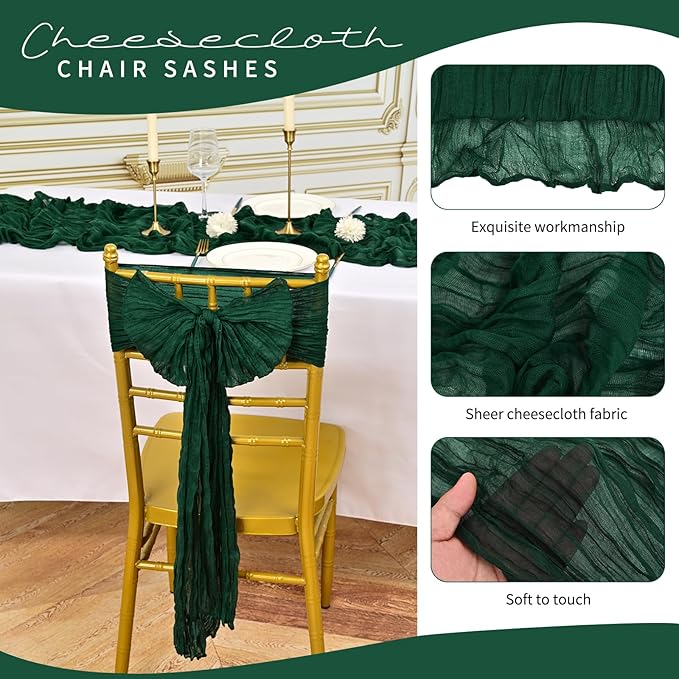 50 PCS Cheesecloth Chair Sashes, Bows Designed ChairSashes, 15.7x108 inch Chair Sashes for Aisle Decorations Universal Chairs Cover Decoration for Wedding Reception Party Banquet (Emerald Green)