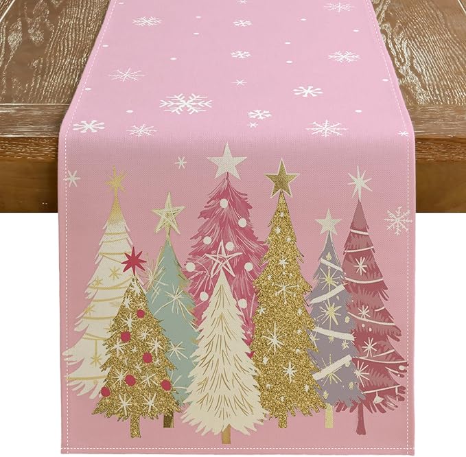 GEEORY Christmas Table Runner 13x108 Inch, Xmas Trees Snowflakes Holiday Decorative Farmhouse Table Decoration for Kitchen Dinning, Indoor Outdoor Dinner Party Decor (Pink) GT153-108