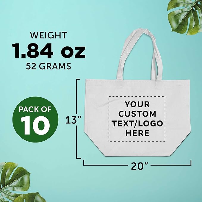 DISCOUNT PROMOS Custom Southern Style Grocery Tote Bags Set of 10 - Personalized Bulk Pack, Reusable Grocery & Shopping Bags - Great for Travel, Carry on Bag, Business Promotions - White - 20"X13"X8"