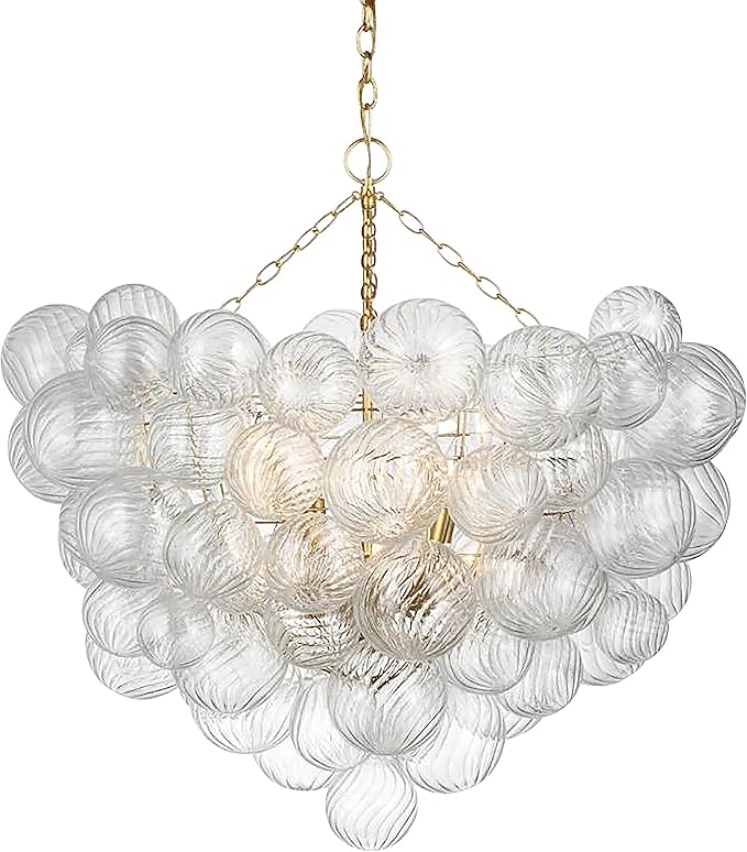 Nordic Bubble Ball Swirled Glass Chandelier, Dia 36 inch Gild Gold and Clear Blown Glass Large Pendant Light Fixture for Bedroom Study Restaurant Entry Room