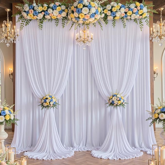 20×12ft White Wrinkle Free Backdrop Curtain for Wedding Parties, 4 Panels 5×12 ft Long Soft Silky Washable Polyester Photo Backdrop Drapes for Birthday Baby Shower Photography Background Cloth