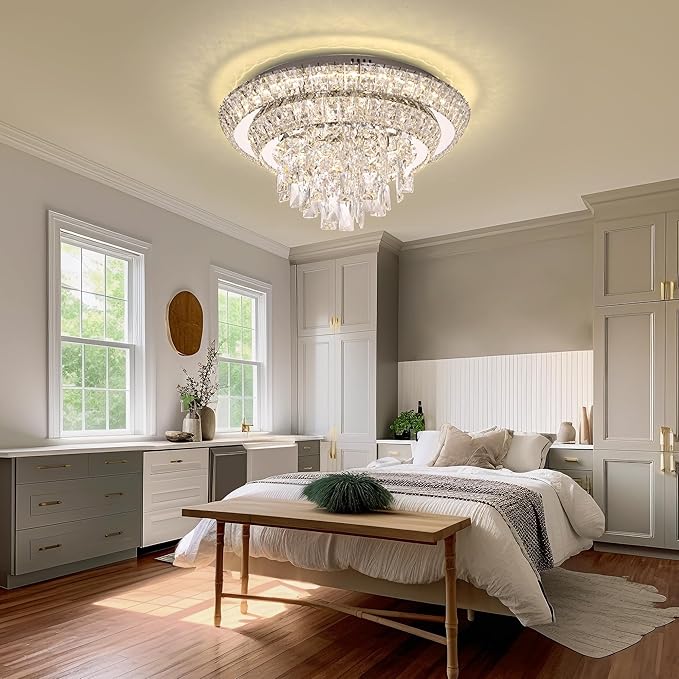 18 inch Crystal Silver Ceiling-Light Flush Mount with Remote Control and APP, 3CCT Dimmable & Brightness Adjustable, Modern Crystal Raindrop Chandeliers for Bedroom Hallway Dinning Room Living Room