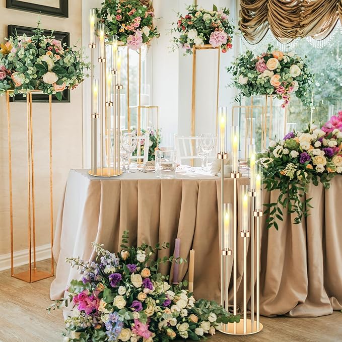 Tandefio 4 Sets Acrylic Candelabra Centerpieces 46.5'' Tall Clear Candle Holders Pillar Taper Candlestick with Lampshades 6 Arm Floor Candelabra Stand for Wedding Christmas Ceremony Dinner Party