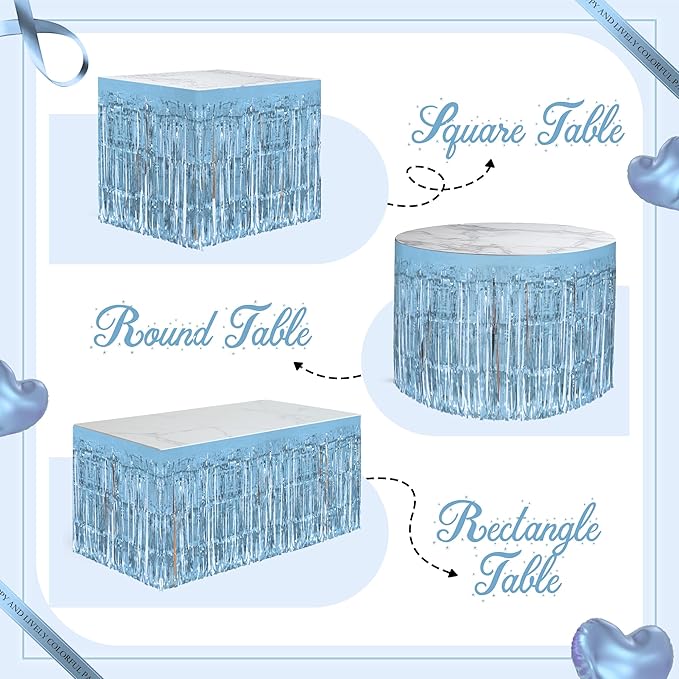 1 Pack Light Blue Table Skirts, 29x108" Metallic Foil Tinsel Fringe Table Skirts for Rectangle Tables Streamer Curtains Backdrop, Party Decorations for Birthdays Weddings Holidays