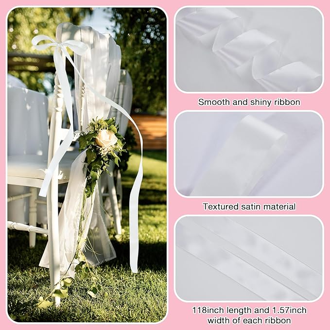 Big Bow with 24 Pcs Chair Ribbon Wedding Aisle Decorations, 78x18 inch Giant Bow for Backdrop Detachable Bow for Dress, Pew Bows Sashes for Chair Wedding Ceremony Outdoor Party (White)