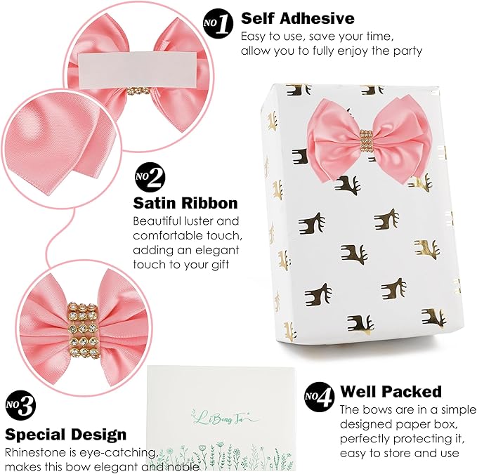 Pink Ribbon Bow 4'' Premade Pink Satin Bow, Gift Bows with Rhinestone, Wrapping Bows for Presents, Greeting Cards, Treat Bags, Wine Bottles, Pink Valentines Bows for Gift Wrapping-12 Counts