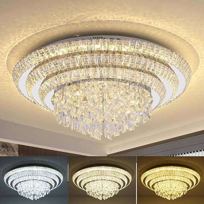 30 inch Crystal Silver Ceiling-Light Flush Mount with Remote Control and APP, 3CCT Dimmable & Brightness Adjustable, Modern Crystal Raindrop Chandeliers for Bedroom Hallway Dinning Room Living Room