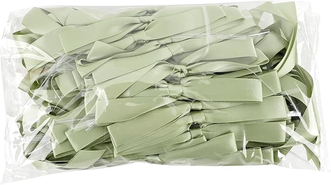 50 PCs Sage Green Bow 5 Inch Long Tail Bows for Gift Wrapping, Wedding Bow Party Decorations, Twist Tie Bows, Satin Bows for Crafts, Premade Bows for Presents, Treat Bags, Bottles, Cakes