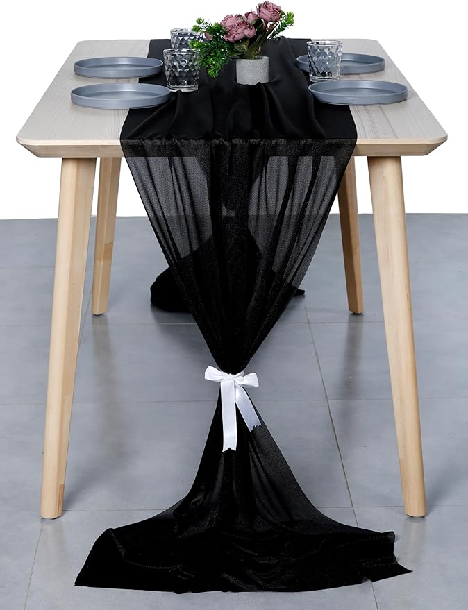 MDS 20 Pack 10ft Chiffon Table Runner 29 x 120 Inches Sheer Wedding Runner Romantic Rustic Table Runner for Wedding Decorations, Birthday Parties, Bridal Shower Party Arch Decor - Black