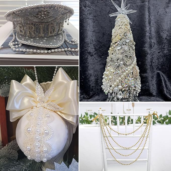47 FT Pearl Beads Garland for Decoration, 8MM Craft Pearl Beads String Spool Ivory Color Faux Pearl Strand Roll for DIY Craft Wedding Party Christmas Tree Decoration