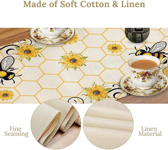 Bee Sunflower Table Runner, Farmhouse Orange Honeycomb Vintage Spring Summer Flowers Print Table Cover for Party Wedding Home Kitchen Dining Table Decor, 13x90inch