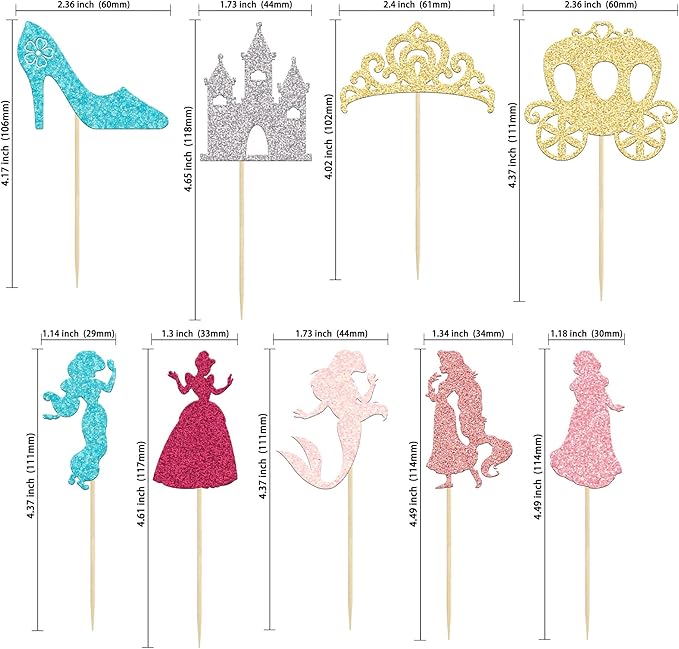 Gyufise 36Pcs Princess Cupcake Toppers Colorful Glitter Mermaid Girl Castle Carriage High Heel Crown Cupcake Picks Princess Theme Baby Shower Girls Birthday Party Cake Decorations Supplies
