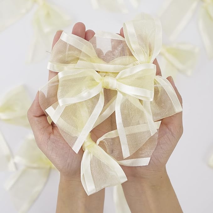 AIMUDI Ivory Bows for Weddings 4" Organza Bows Premade Twist Ties Bows for Gift Wrapping Crafts Treat Bags Baskets Cake Pop Baby Shower Birthday Decor - 12 Counts