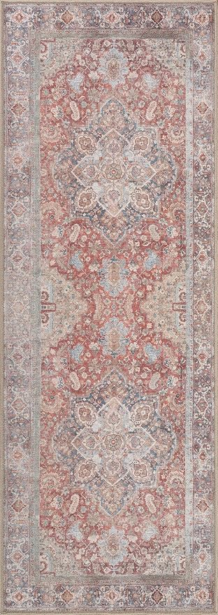Bloom Rugs Washable Non-Slip 12 ft Runner - Red/Blue Traditional Medallion Runner for Entryway, Hallway, Bathroom, and Kitchen - Exact Size: 2.5' x 12'