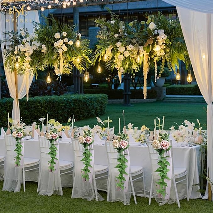 Meldel Wedding Chair Decorations Set of 10 Aisle Artificial Flowers White Pink Rose Garland with Hanging Ribbons for Ceremony Reception Church Pew Arrangement Party Wedding Aisle Decor