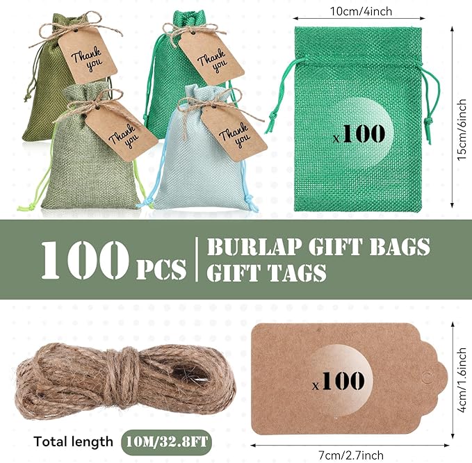 Woanger 100 Pcs Burlap Gift Bags with 100 Pcs Kraft Paper Gift Tags Drawstring Favor Bulk Burlap Sack Bags for DIY Wedding Party Craft(4 x 6 Inch,Mint, Grass, Army, Dark Green)
