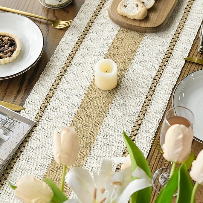 Artoid Mode Burlap Brown Farmhouse Woven Rustic Table Runner, Seasonal Holiday Hollow Kitchen Dining Table Decoration for Home Party Decor 12x36 Inch