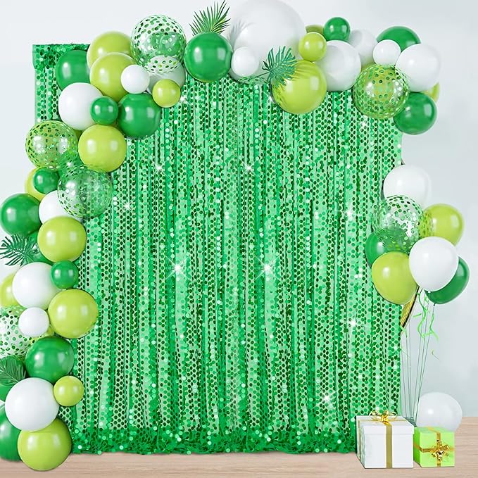 Sequin Curtain Backdrop Green Party Background for Jungle Forest Animals Theme Baby Shower Celebration Party Decorations 4x8FT