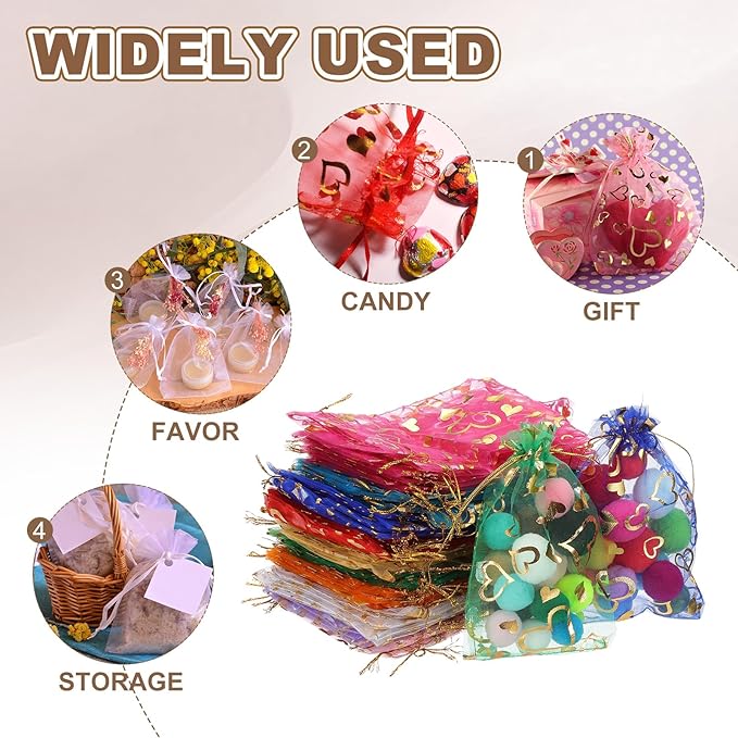 PATIKIL 100 Pcs 4x6 Inch Heart Printed Organza Bags, Purple Sheer Heart Organza Bags with Drawstring for Christmas Candy Jewelry Party Wedding Favor Gift