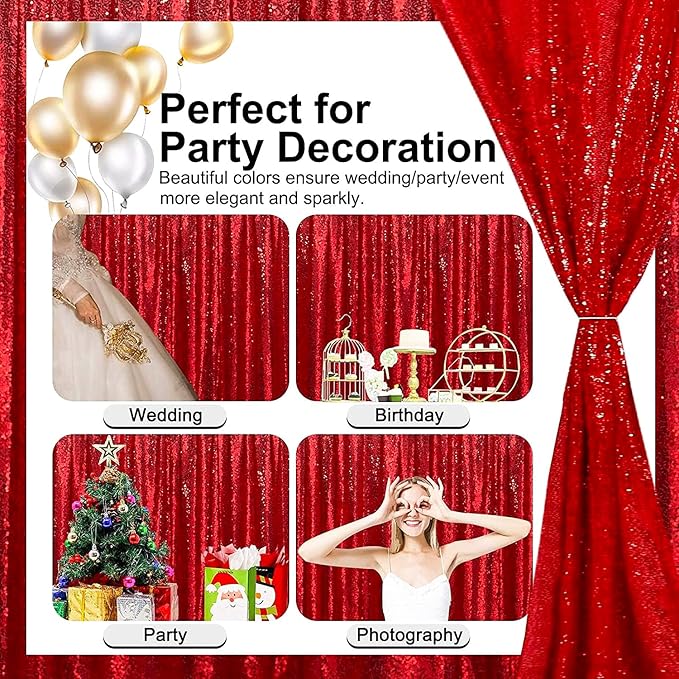 Red Sequin Curtains 2FTx8FT 4 Panels Red Sequin Backdrop for Parties Glitter Backdrop Photo Background for Wedding Baby Shower