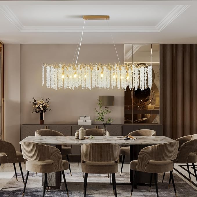 YUYI Modern Crystal Chandelier, 47.2" Gold Tree Branch Chandeliers for Dining Room, Large Rectangular Chandelier, Luxury Ceiling Light Fixture for Living Room, Kitchen Island, Foyer, 5 Year Warranty
