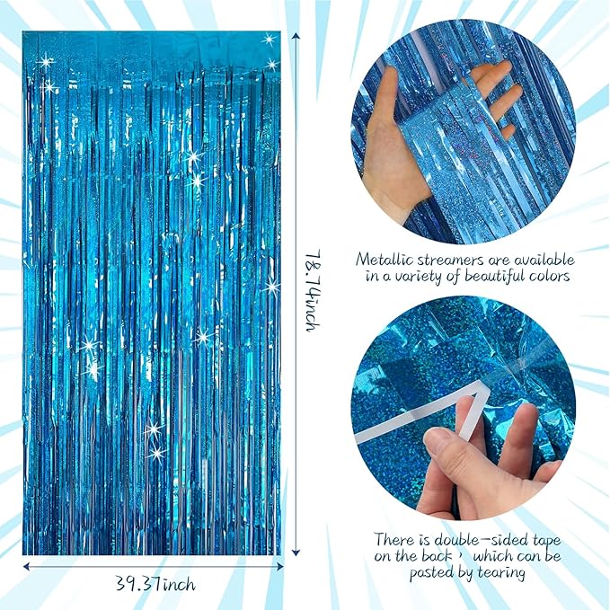Tinsel Curtain Party Backdrop Blue Birthday Party Decorations 10 Packs Glitter Foil Fringe Curtain Party Decor Streamers Photo Booth for Birthday Christmas Wedding Halloween Graduation Decorations
