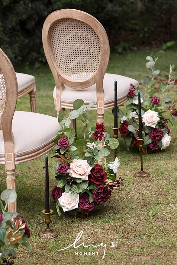 Ling's moment 17.5" Tall Standing Artificial Flowers Arrangements 4 pcs Fall Wedding Aisle Runner Chair Decorations Marsala & Blush Centerpieces for Ceremony Reception Rose Floral Party Outdoor