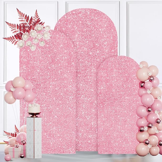 MODFUNS Metal Arch Backdrop Stand and Cover Set 6&6.6&7.2ft Pink Gold Sequins Arch Backdrop Covers Set of 3 Arched Stands Chiara Arches Cover for Party Banquet Wedding Ceremony Decor