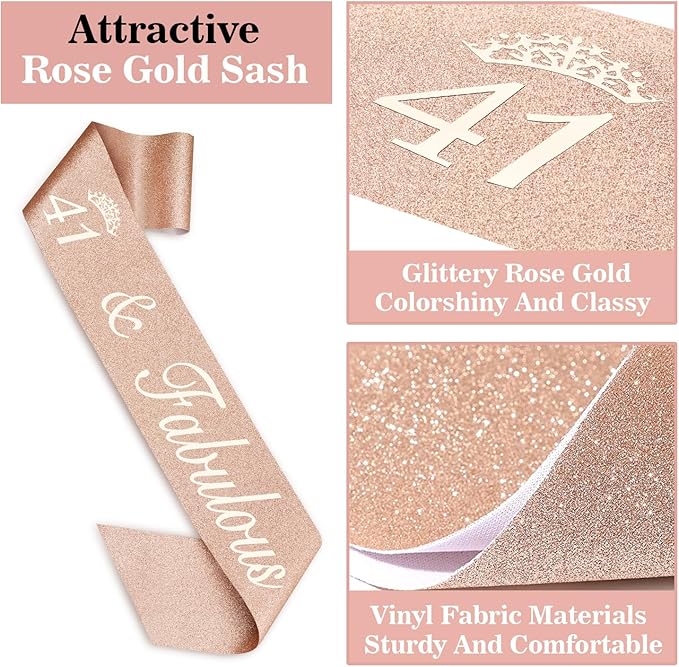 41 Birthday Decorations for Women Including Birthday Sash, Crown/Tiara, Numeral Candles and Cake Topper, 41 Year Old Gifts for Women, Rosegold Party Decor and Supplies