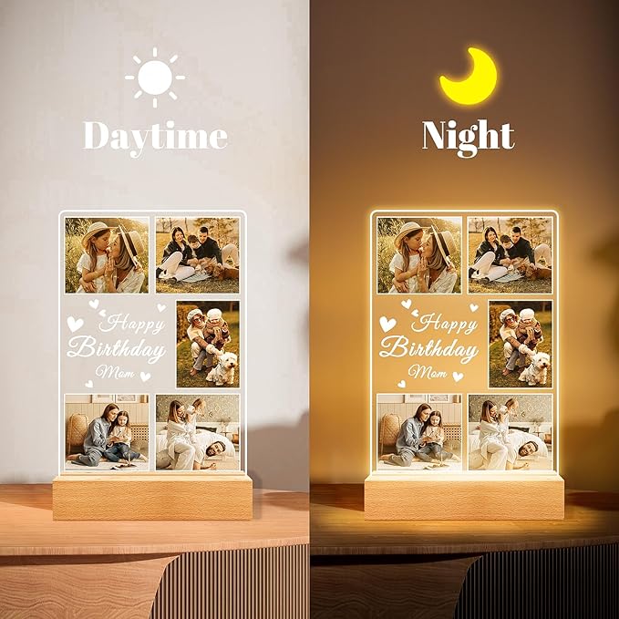 Personalized Birthday Gifts for Mom from Daughter Son, Custom Collage Picture Frames with Night Light, Customized Acrylic Plaque Photo Frame, Personalized Photo Gifts for Mom, Baby, Kids, Family