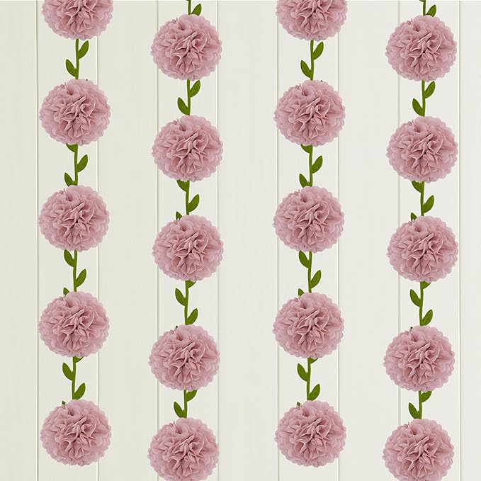 2 Pack Rose Pink Tissue Paper Pom Pom Garlands Hanging with Cloth Vine for Nature Garden Fence Birthday Paty Decorations, 6.6Ft Length