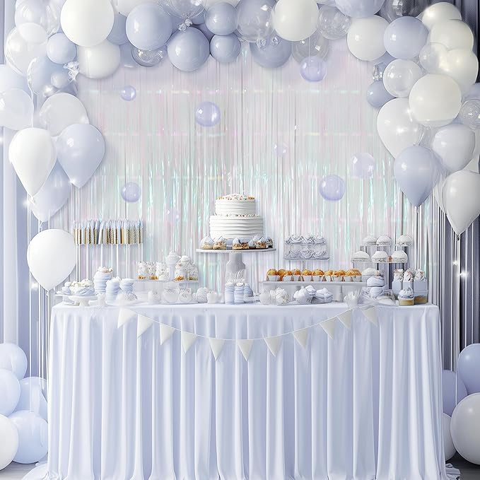 2 Pack White Iridescent Streamers Backdrop, 3.3x6.6ft Foil Fringe Curtains Silver Holographic Door Tinsel Streamers for Birthday, Wedding, Holiday, Bachelorette, Theme Party Decorations