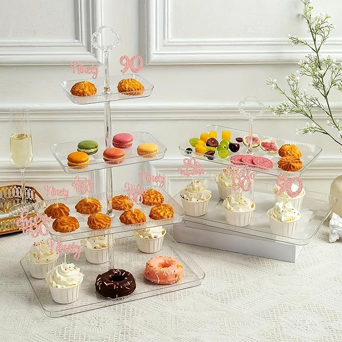 Gyufise 30pcs Happy 90th Birthday Cupcake Toppers - Rose Gold Glitter Ninety Cheers to 90 Years Old Cupcake Picks for Anniversary Party Cake Decorations