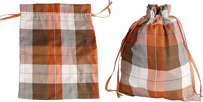 Large Fall Burlap Bags with Drawstrings - Orange Buffalo Plaid & Sage Green Gingham Sacks - Reusable Brown Pouch for Thanksgiving Party Gift Wrapping Goodies (4 Colors, 12x16 inch)