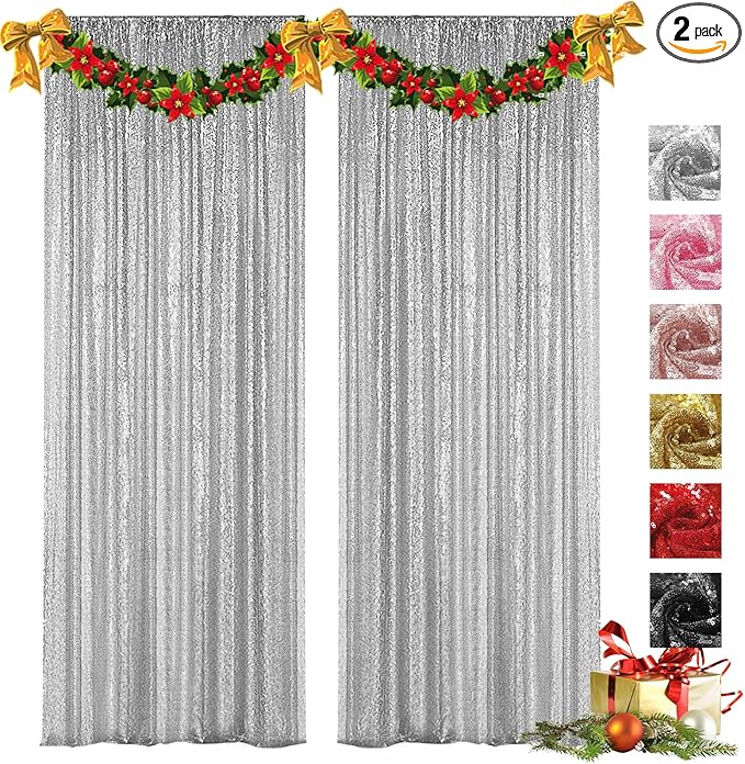 VOK Silver Sequin Backdrop Curtains 2 Panels 2FTx8FT Glitter Photography Background for Wedding Birthday Christmas Party Decorations