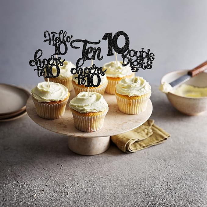 30Pcs 10th Birthday Cupcake Toppers Ten Double Hello 10 Cupcake Picks Cheers to 10 Years Old Cake Decorations for 10th Birthday Party Supplies Black Glitter