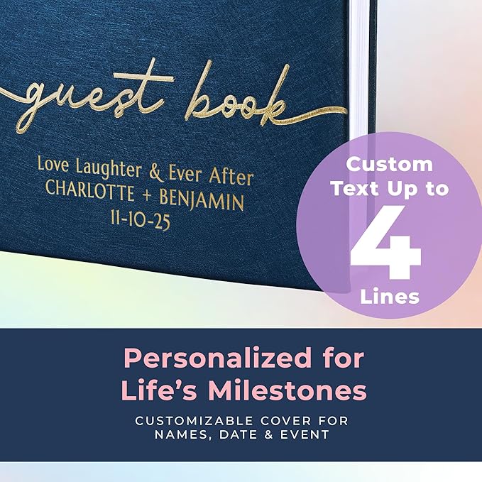 Promot Personalized Guestbook for Party (Sapphire Blue) - 110 Lined Pages in Wood-Free Vegan Leather Hard Cover - Wedding Guest Book Sign in and Photos, Baby Shower, Birthday or Graduation