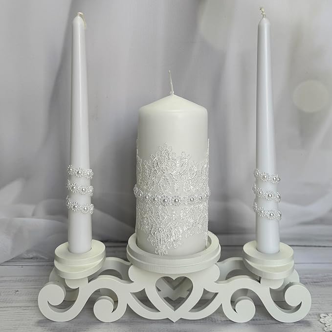 Unity Candle Set - Wedding Ceremony & Reception – 6” Pillar & Two 10” Taper Candles – Long Burning Unity Candles for Marriage Ritual – Handmade in USA – White | Lace