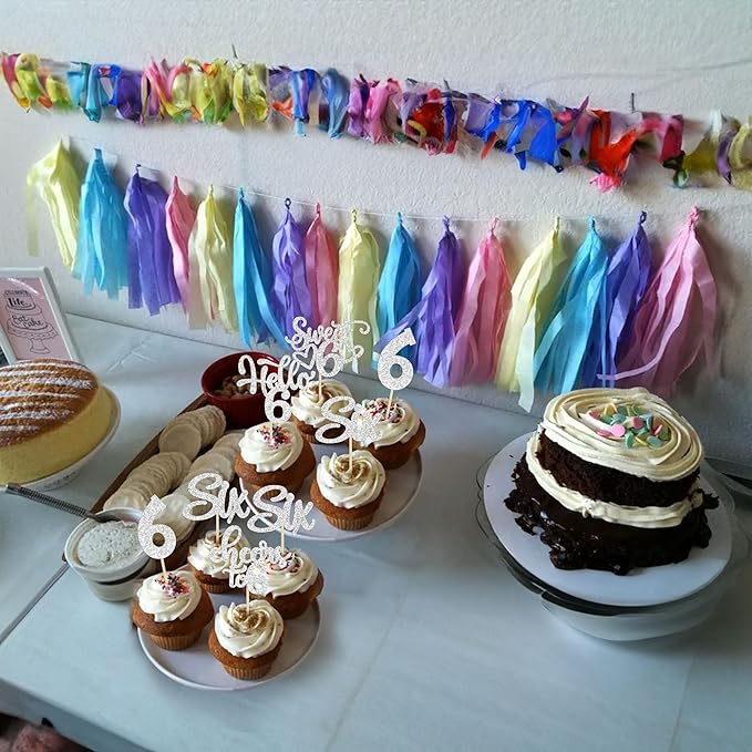 30Pcs 6th Birthday Cupcake Toppers Glitter Six Hello 6 Cupcake Picks Cheers to 6 Years Old Cake Decorations for 6th Birthday Party Supplies Silver