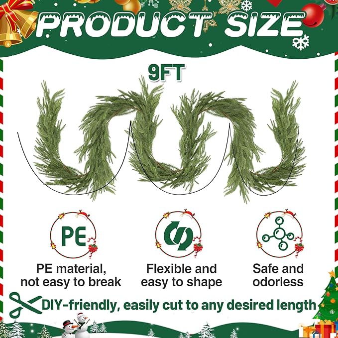9ft Christmas Norfolk Pine Garland - Real Touch Artificial Greenery Cedar Garland for Xmas Fireplace Mantle Table Window Home Holiday Decoration